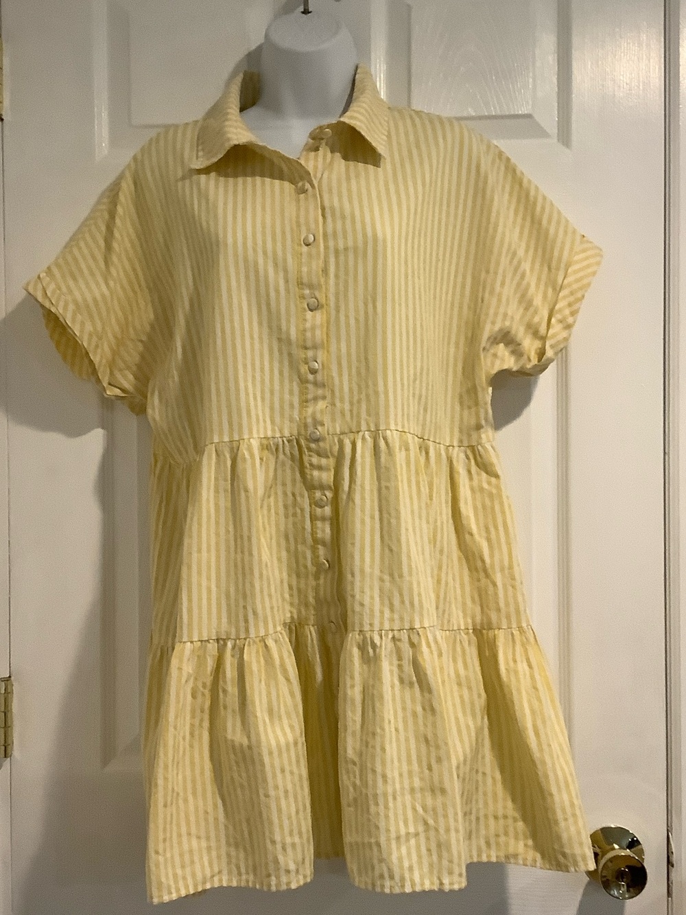 AQUA YelloW/White Striped Tiered Picnic Coastal Beach Summer Vacation Dress L